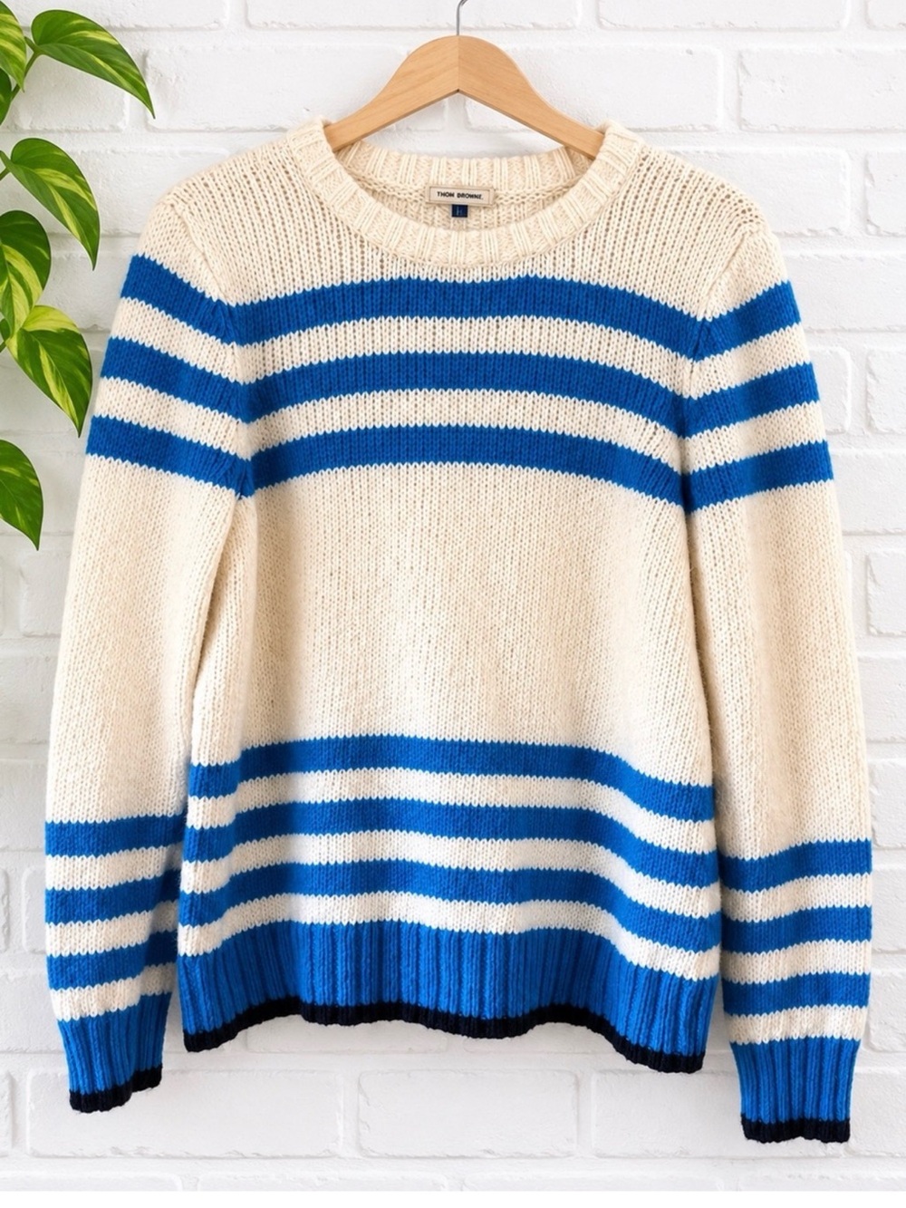 Blue Cream Striped Cotton Crewneck Sweater Preppy Nautical Small Fall Autum